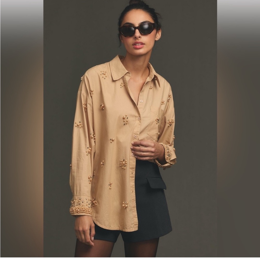 Anthropologie The Bennet Buttondown Shirt Maeve: Pearl-Embellished Edition Large